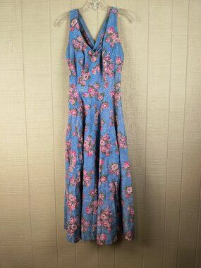Vintage 70s Lanz Originals Sundress Blue Pink Rose Floral Print Sweet Cottage
